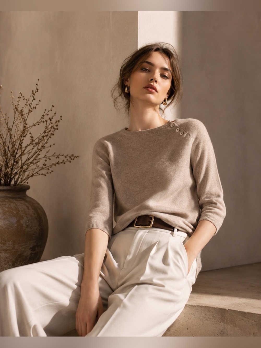 InCashmere Elegant Taupe Cashmere  Sweater with Shoulder Button Detail
